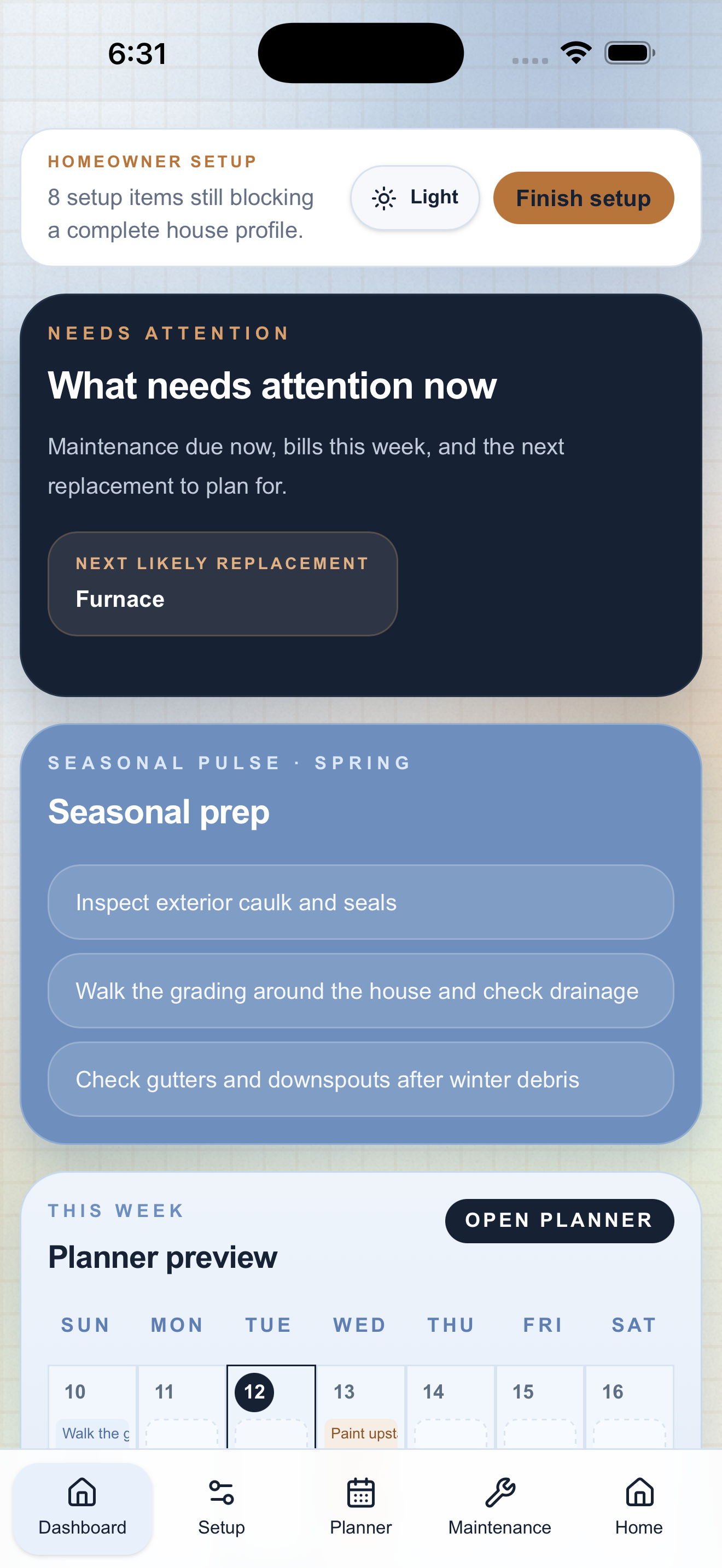 House Manual dashboard showing setup, urgent care, seasonal preparation, and the home planner